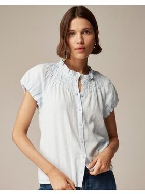 J. Crew Light Blue Smocked Neck Button-Front Top Women’s 2X Textured Gauze